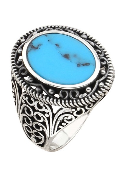 Erkek Yüzük Gümüş 925 Gotik Desenli Oval Taşlı