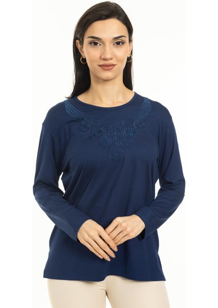 Yeni Sezon Kadın Orta Yaş Ve Üzeri Yeni Desen Triko Yaka Likralı Anne Penye Bluz 30520