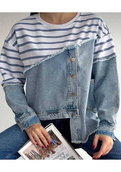 Geniş Kalıp Düğmeli Asimetrik Denim Kot Detaylı Tasarım Sweatshirt