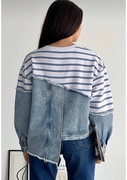 Geniş Kalıp Düğmeli Asimetrik Denim Kot Detaylı Tasarım Sweatshirt fiyatları