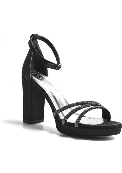 50.153 Siyah & Bej Platform Topuklu Önü Açık Taşlı Abiye Kadın Ayakkabı