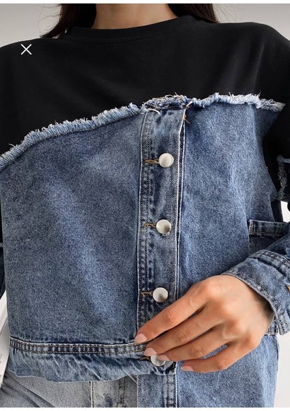 Geniş Kalıp Düğmeli Asimetrik Denim Kot Detaylı Tasarım Sweatshirt