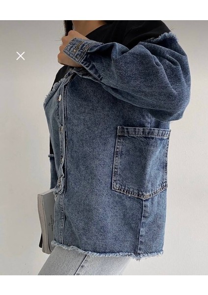 Geniş Kalıp Düğmeli Asimetrik Denim Kot Detaylı Tasarım Sweatshirt fiyatları