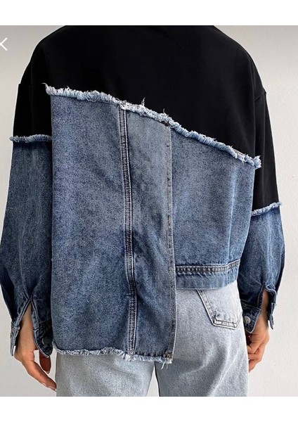 Geniş Kalıp Düğmeli Asimetrik Denim Kot Detaylı Tasarım Sweatshirt modelleri