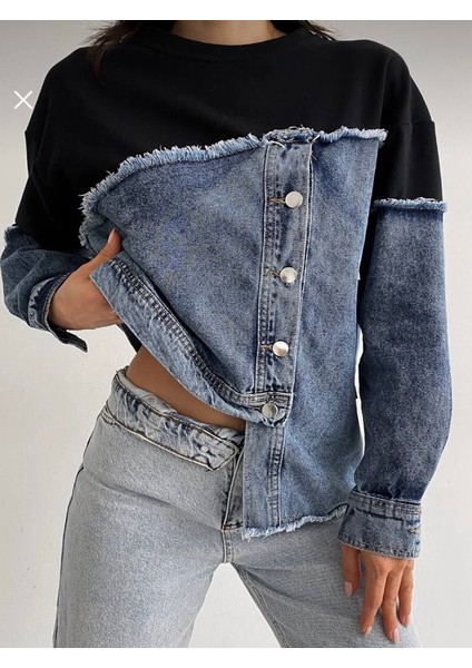 Geniş Kalıp Düğmeli Asimetrik Denim Kot Detaylı Tasarım Sweatshirt fırsatları