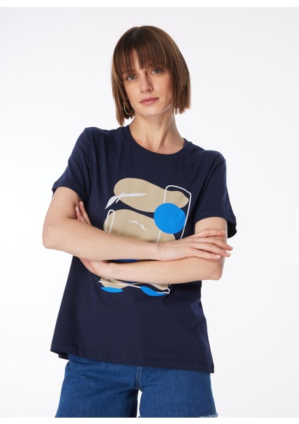 Bisiklet Yaka Baskılı Lacivert Kadın T-Shirt F4SL-TST0717 modelleri