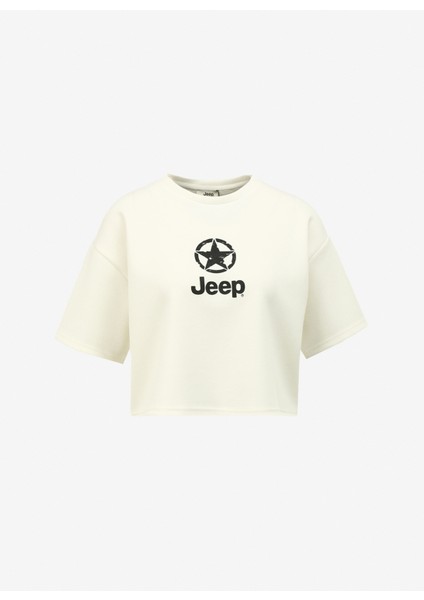Bisiklet Yaka Baskılı Kırık Beyaz Kadın T-Shirt J4SL-TST7027