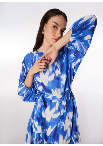 Bisiklet Yaka Batik Lacivert - Beyaz Mini Kadın Elbise F4SL-ELB0448