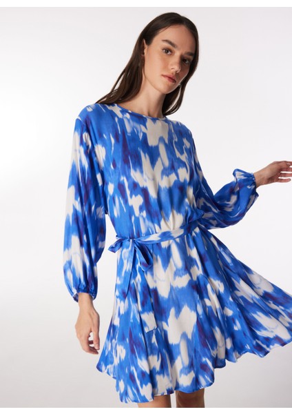 Bisiklet Yaka Batik Lacivert - Beyaz Mini Kadın Elbise F4SL-ELB0448 fiyatları