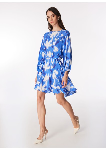 Bisiklet Yaka Batik Lacivert - Beyaz Mini Kadın Elbise F4SL-ELB0448 modelleri