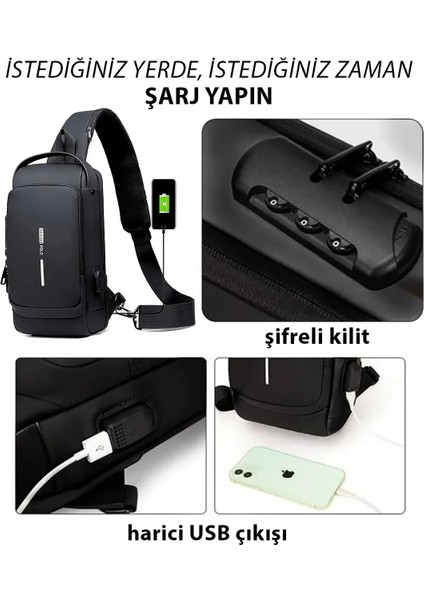 Uziko Çapraz Sırt Çantası-Body Bag USB ve Kulaklık Çıkışlı