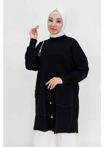 10412 2 Ip Kumaş Fermuar ve Cep Detaylı Sweatshirt