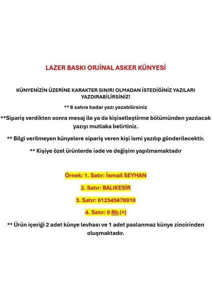 Seyhan Askeri Malzeme Orjinal Asker Künyesi - Lazer Kazıma - Army Dog Tag