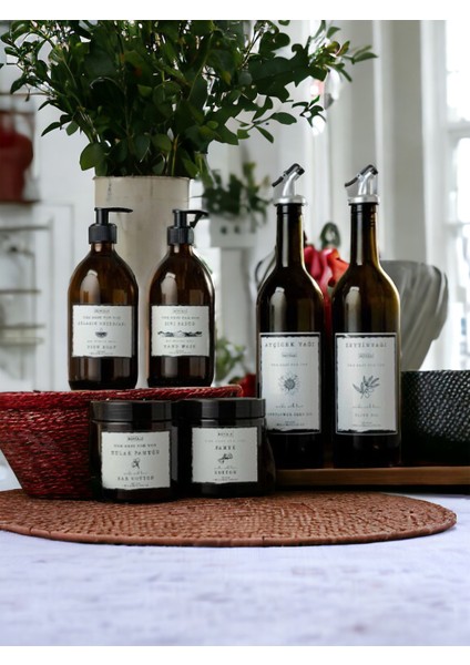 3lü Set 6 Parça Cam 2li 750ML Yağdanlık Cam Amber 300ML 2li Sıvı Sabunluk 2li Amber Pamukluk Yağlık