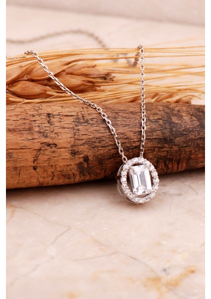 Baget Oval Rodyumlu Gümüş Kolye 7722