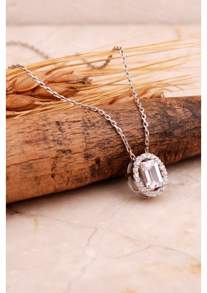 Baget Oval Rodyumlu Gümüş Kolye 7722
