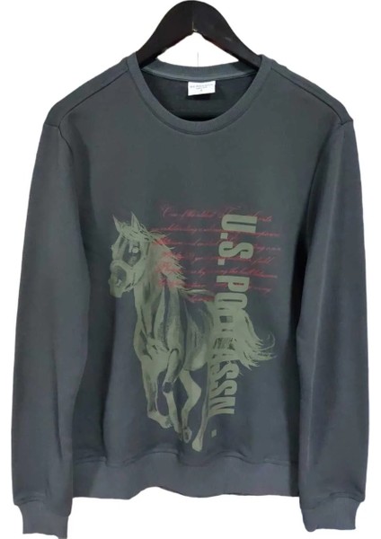 Erkek Antrasit Bisiklet Yaka Baskılı Sweatshirt