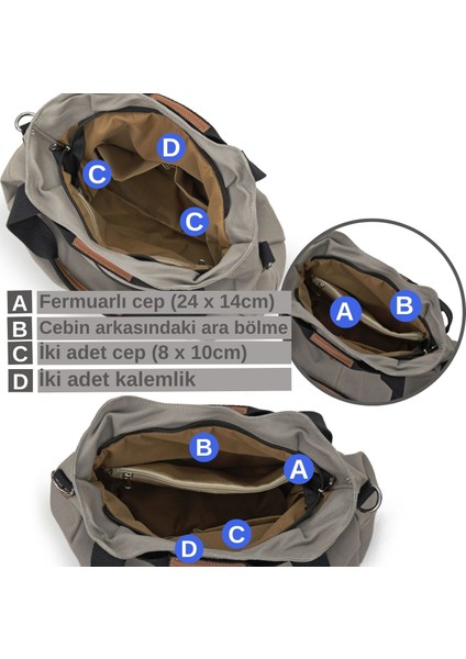 Cappadocia Vintage 3212 Demeter Kadın Açık Gri Omuz El Günlük Tote Cepli %100 Pamuk Kanvas Çapraz Çanta