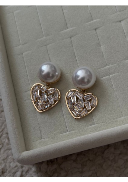 Incili Swarovski Taşlı Kalp Küpe