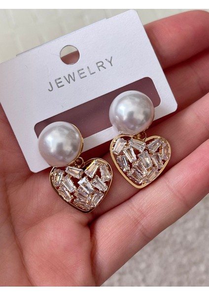 Incili Swarovski Taşlı Kalp Küpe