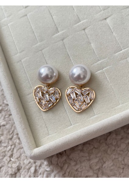 Incili Swarovski Taşlı Kalp Küpe