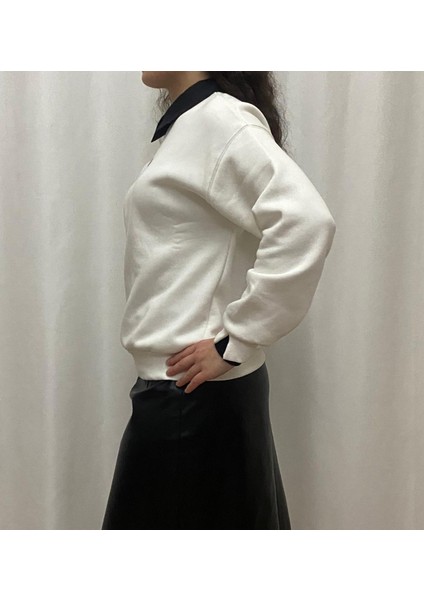 Kadın 3ip Yaka Detay Be Kind Nakışlı Sweat Beyaz fiyatları