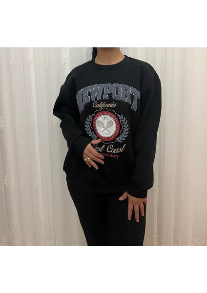 Kadın 3 İp Sıfır Yaka Newport Işlemeli Baskılı Sweat Siyah