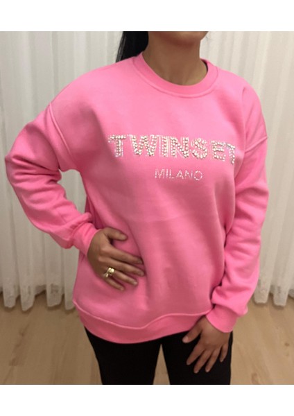Kadın 3 İp Sıfır Yaka Sweat Twinset Taş Işlemeli Pembe