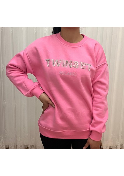 Kadın 3 İp Sıfır Yaka Sweat Twinset Taş Işlemeli Pembe
