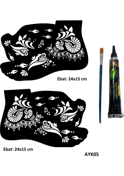 Sümbül Desenleri 2 Adet Ayak Kalıbı ve Siyah Hint Kınası Geçici Dövme Yapma Seti