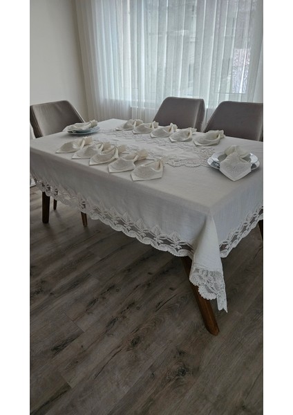 Zesa Home Lüx Gardenya Keten  12 Kişilik 26 Parça Ağır Dantelli Leke Tutmaz Masa Örtüsü -160X220...160X500