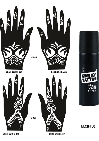 Çiçek Desenleri El Üstü Geçici Dövme Seti Dark Siyah Sprey ve 4 Adet El Kalıbı