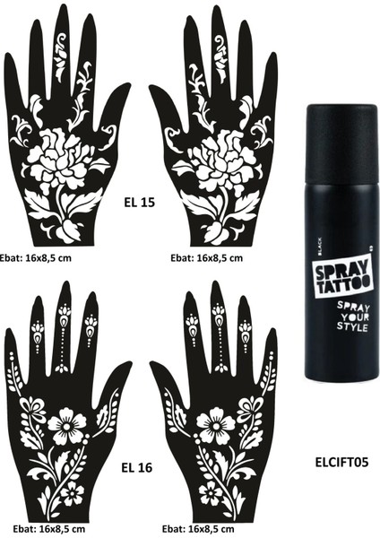 Menekşe Desenler El Üstü Geçici Dövme Seti Dark Siyah Sprey ve 4 Adet El Kalıbı