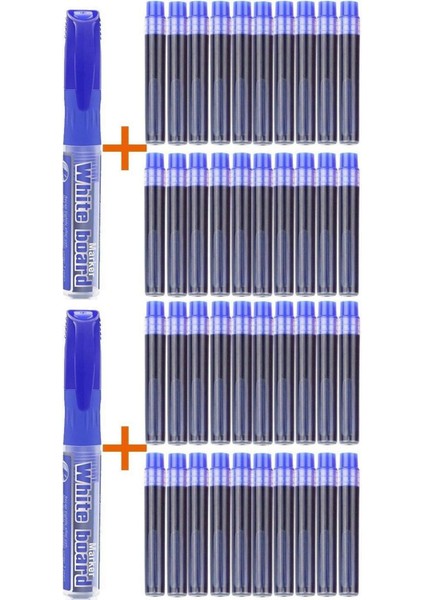 40 Adet Mavi Kartuş + 2 Adet Tüplü Byb Mavi Kartuşlu Beyaz Tahta Kalemi