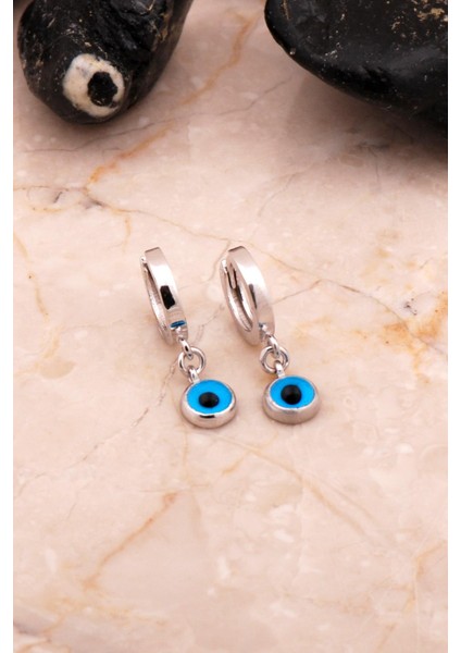 Nazar Boncuklu Rodyumlu Gümüş Halka Küpe 6883