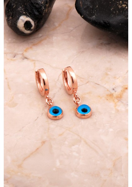 Rose Gümüş Nazar Boncuklu Halka Küpe 6884