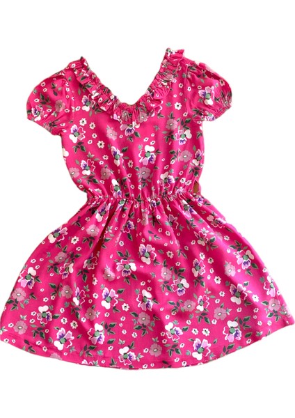 Kız Çocuk Çiçekli Fırfırlı Yaka Prenses Modeli Elbise