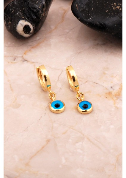 Altın Kaplama Nazar Boncuklu Gümüş Halka Küpe 6885