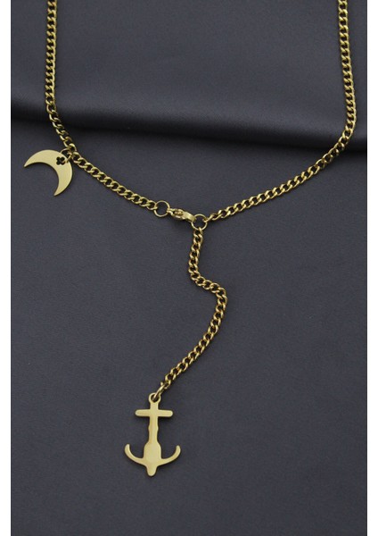 Çelik Gold Renk Çapa Tasarımlı Kadın Kolye