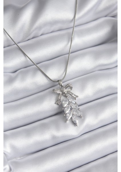 316L Çelik Gümüş Renk Zirkon Taşlı Fiyonk ve Başak Model Kadın Kolye