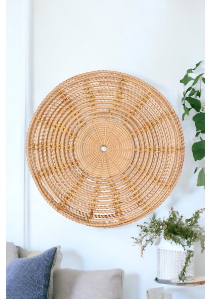 Rattan Duvar Dekoru Iskandinav Bohem Doğal Duvar Süsü El Yapımı Ahşap Yuvarlak 35CM Oceanpoint