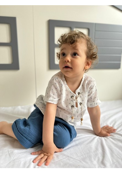 Çapa Desenli Ip Detaylı Pamuk Lüx Kalite Müslin Yazlık Bebek/çocuk Ikili Şortlu Takım