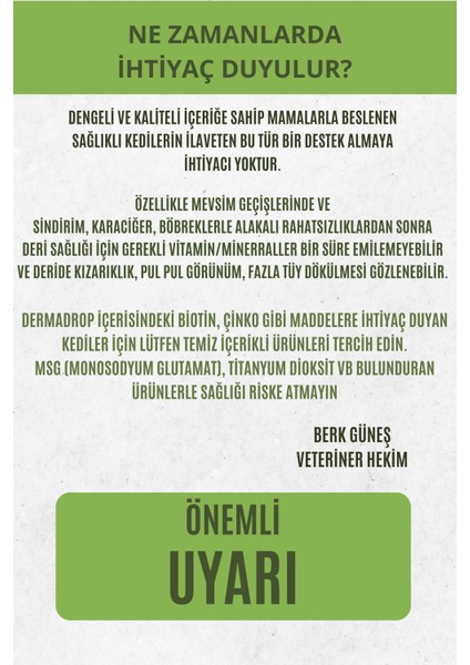 Dermadrop - Deri ve Tüy Sağlığını Destekleyen Damla (Biotin, Çinko, B Vitaminleri) Kedi