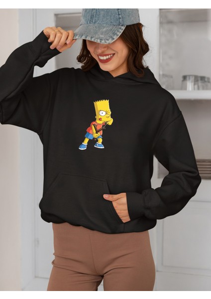 Simpson Ön ve Sırt Baskılı Siyah Kalın Kumaş Unisex Sweatshirt Hoodie