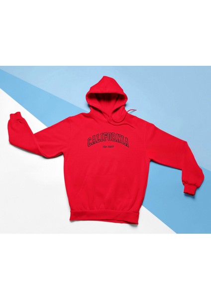 California Baskılı Kırmızı 3 Iplik Kalın Kumaş Sweatshirt Hoodie