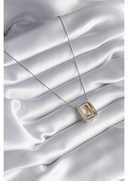 316L Çelik Gold Gümüş Renk Kare Model Zirkon Taş Detay Kadın Kolye fiyatları