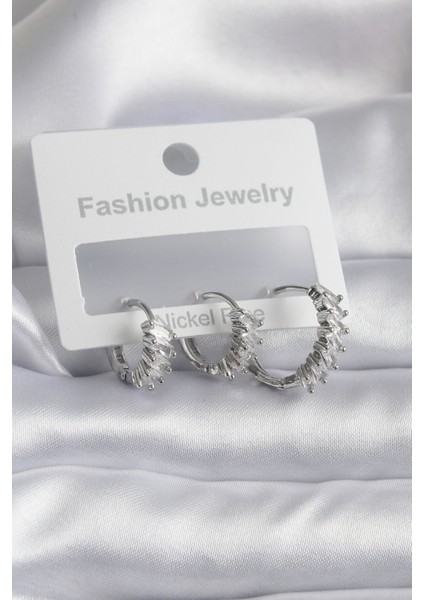 Pirinç Gümüş Renk Zirkon Taşlı Halka Model Kadın Küpe