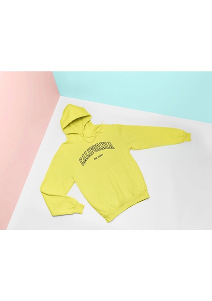 California Baskılı Sarı 3 Iplik Kalın Kumaş Hoodie Sweatshirt