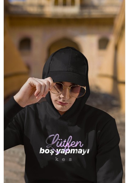 Unisex Lütfen Boş Yapmayı Kes Yazılı Pamuklu Oversize Siyah Sweatshirt