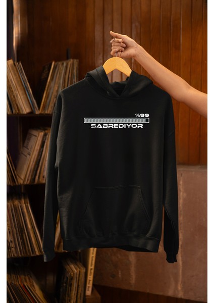 Unisex Sabrediyor Yazılı Özel Tasarım Pamuklu Oversize Siyah Sweatshirt